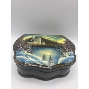 VTG Russian Lacquer Box Hand Painted Winter Landscape Trinket Box Red Interior